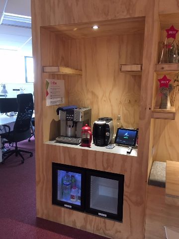 A few changes to the coffee dock: Floating shelves and an opening for some important fridges